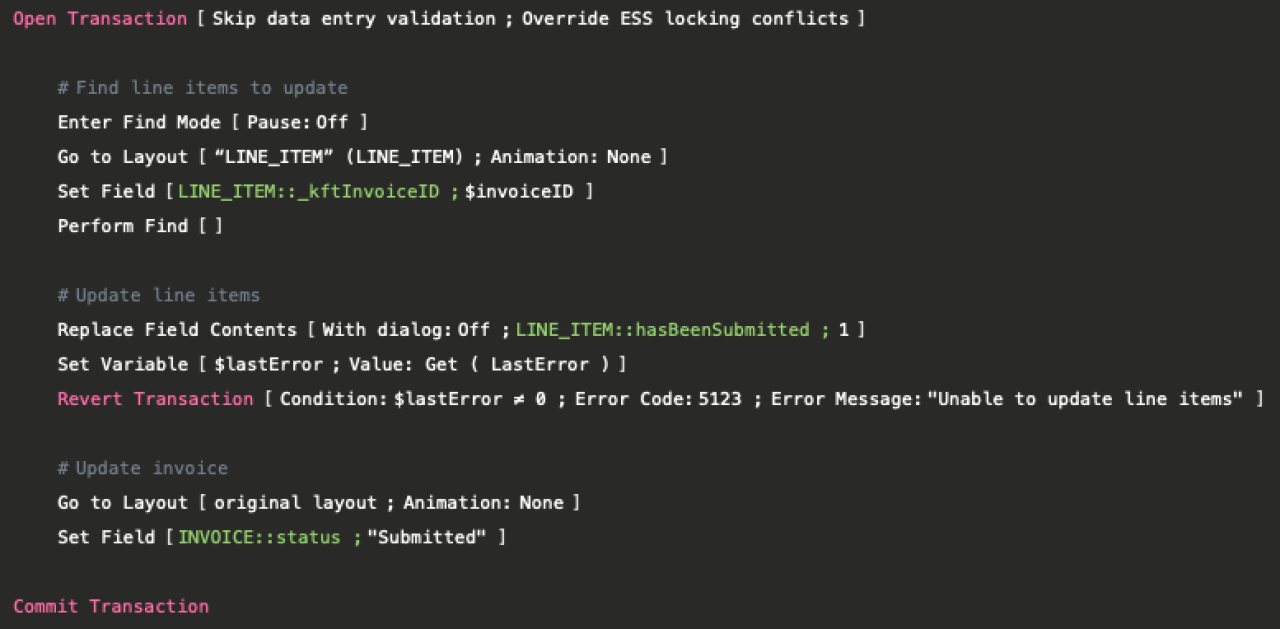 claris filemaker 19.6 transaction script steps.