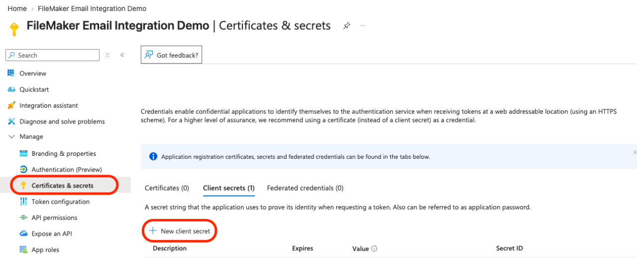 Claris FileMaker Microsoft Graph Email Integration Client Secret.