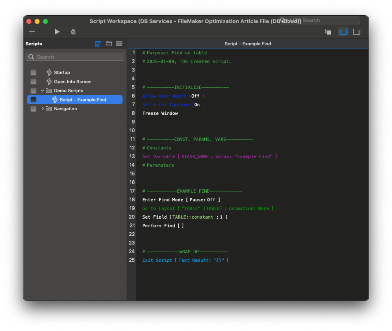 Claris FileMaker Performance Optimization find example.