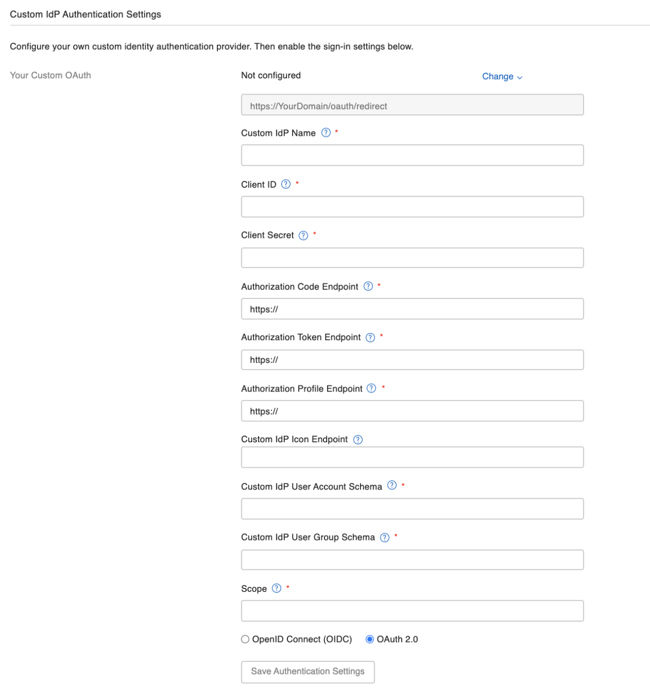 Claris FileMaker Server Custom OAuth Identity Provider Authentication Settings.