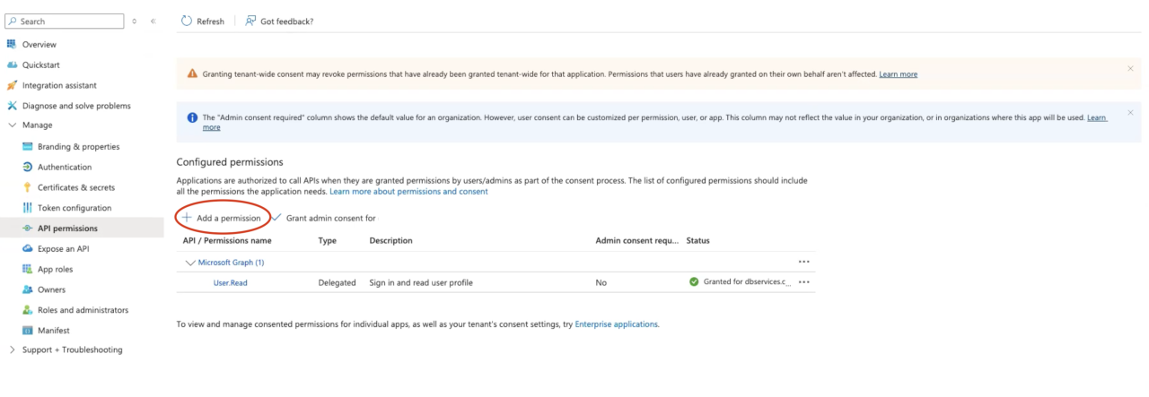 Configuring Microsoft Azure SSO for Claris FileMaker Click Add a permission.