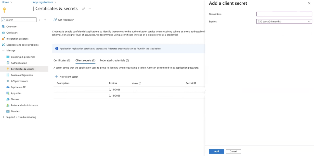 Configuring Microsoft Azure SSO for Claris FileMaker microsoft azure certificates and secrets settings.