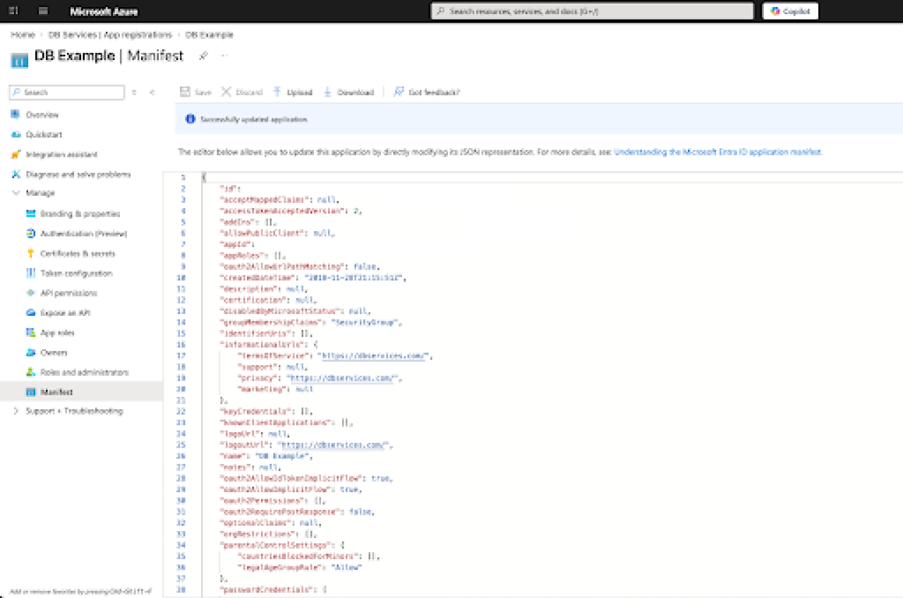 Configuring Microsoft Azure SSO for Claris FileMaker Modify Application Manifest.