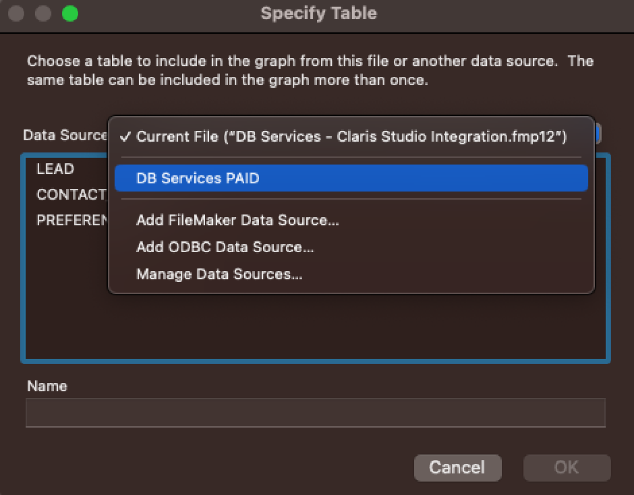 FileMaker Pro Select Claris Studio Table.