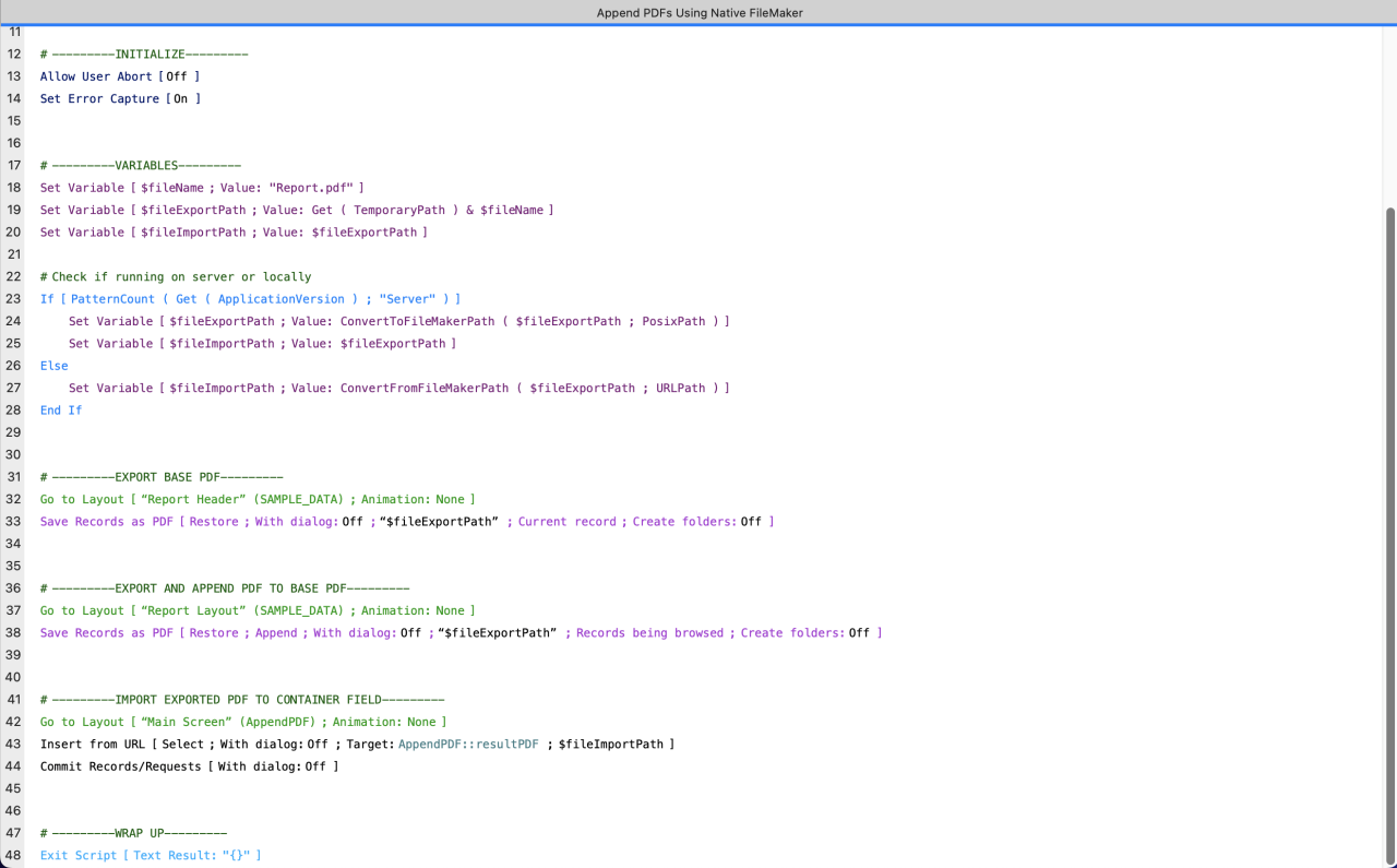 export and append pdfs via filemaker server script.
