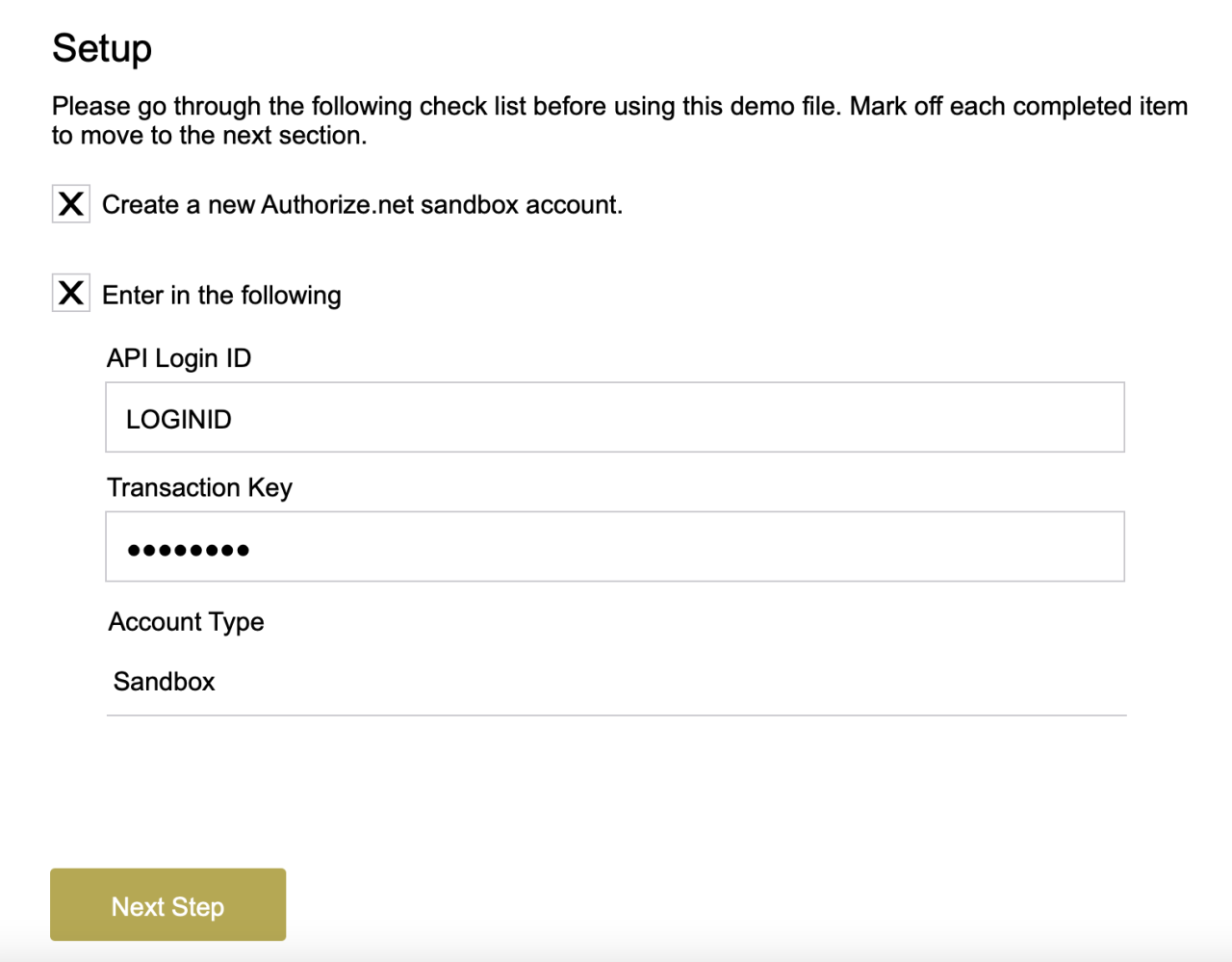 filemaker authorize.net integration sample file setup screen.