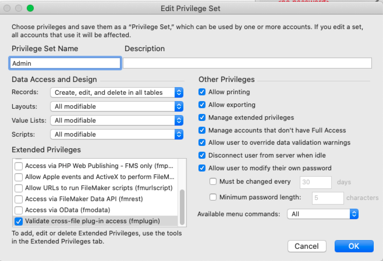 FileMaker Edit Privilege set.