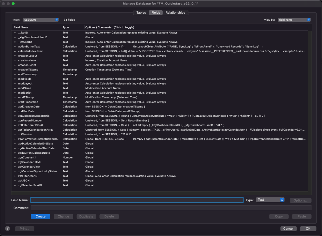 filemaker session table.