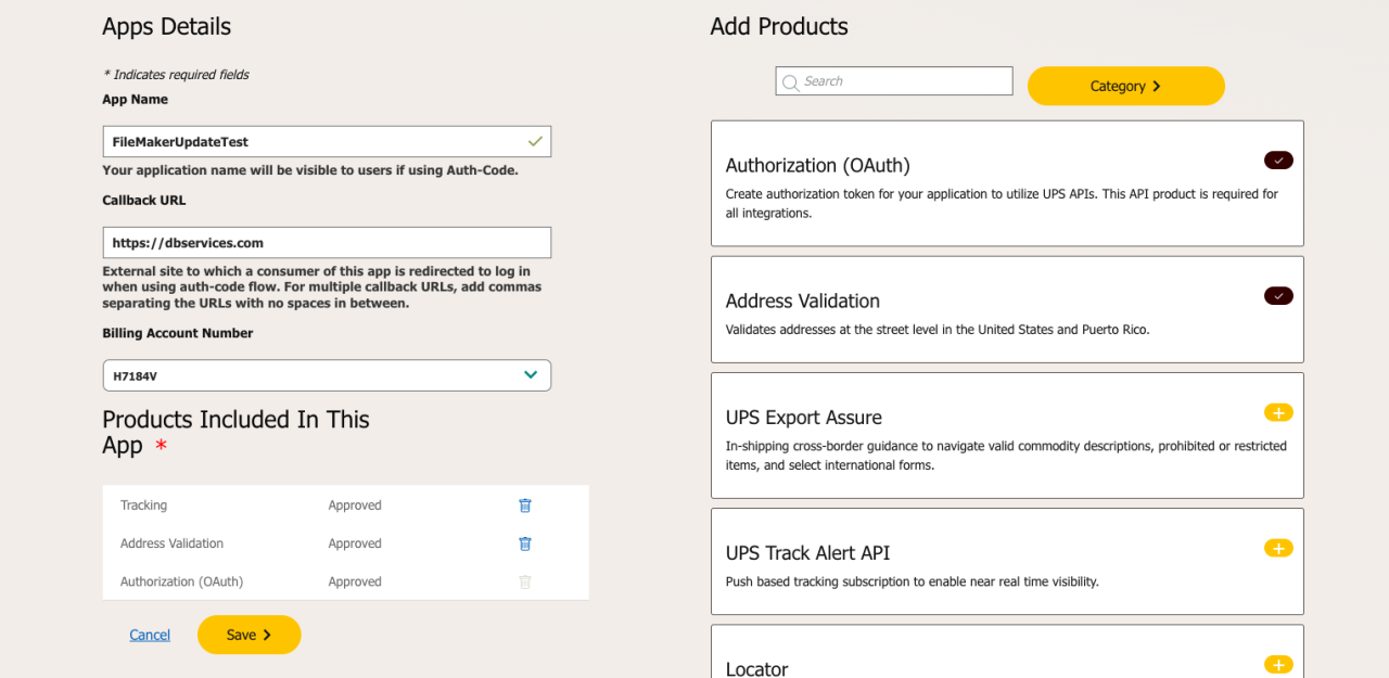 filemaker ups integration app and product details.