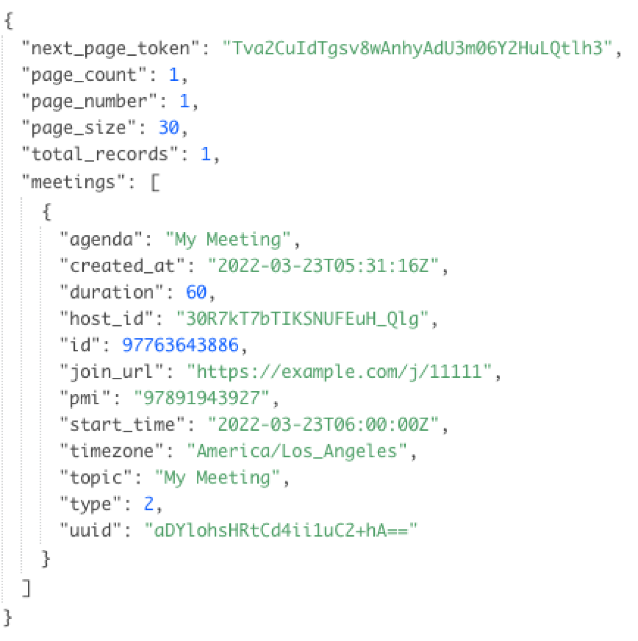 Zoom's example of JSON returned for a list of meetings.