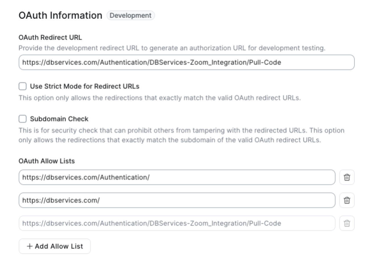 Example OAuth Information for a Zoom app.