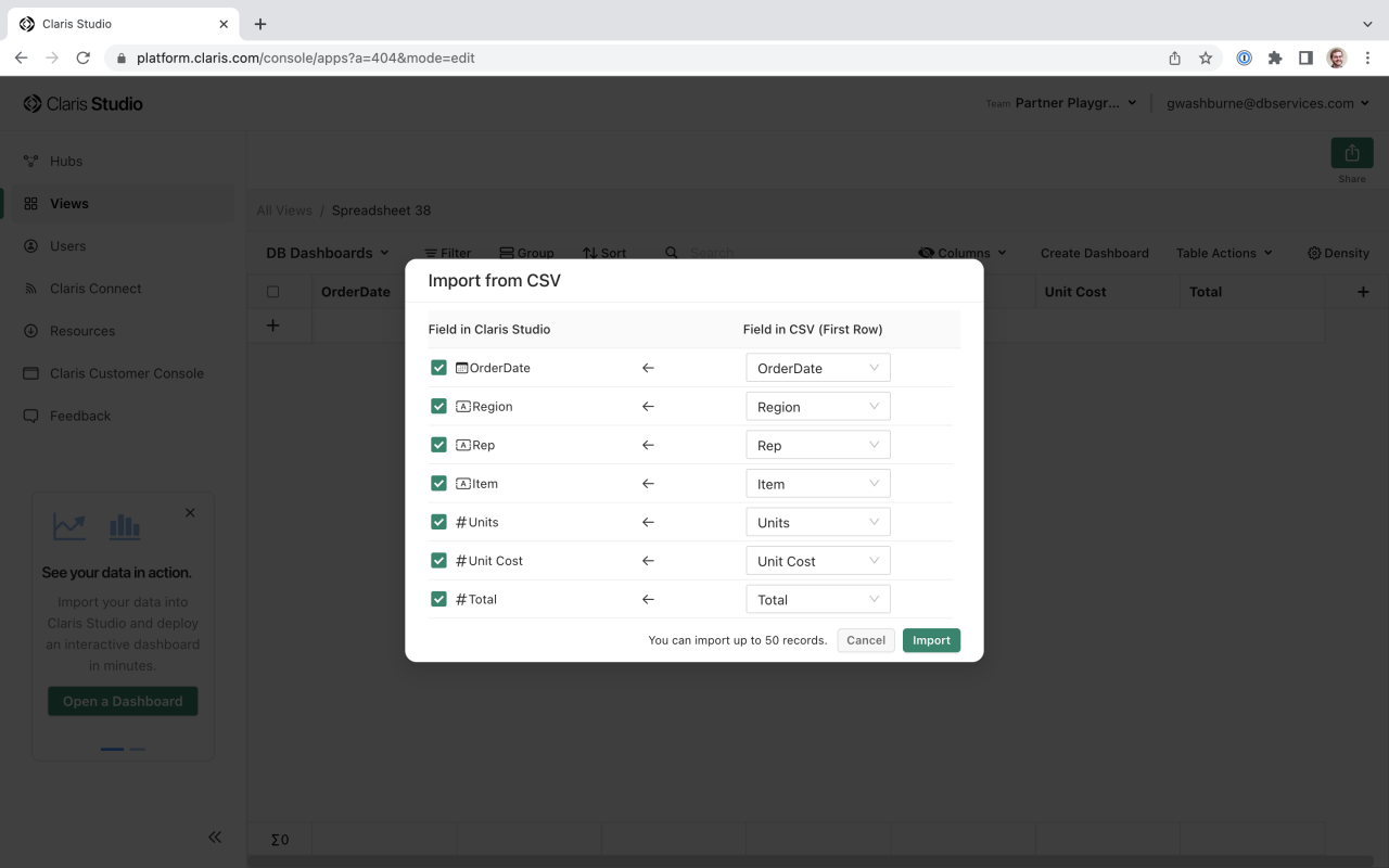 import csv data into claris studio spreadsheet.