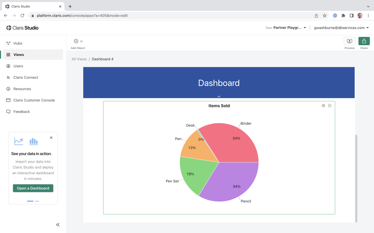 pie chart in claris studio dashboard.