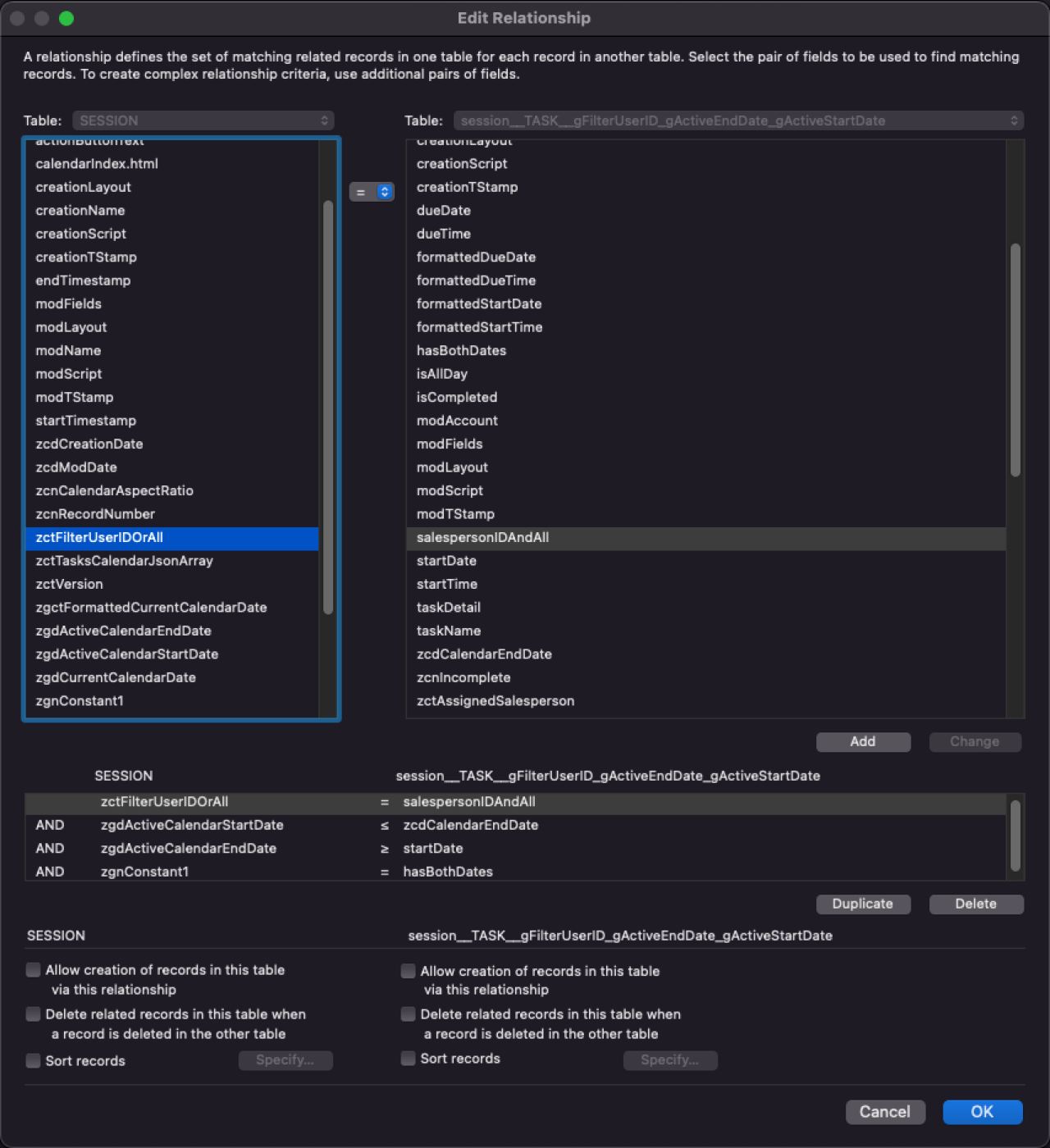 relationship between session and task filemaker.