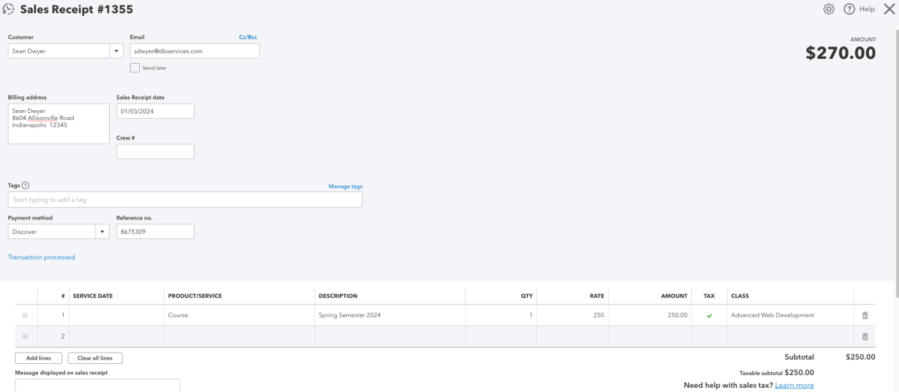 quickbooks payment example sales receipt.