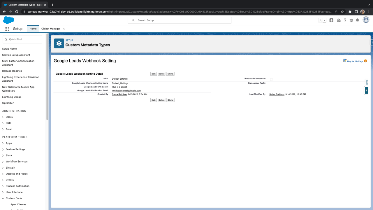 salesforce webhook custom metadata type record.