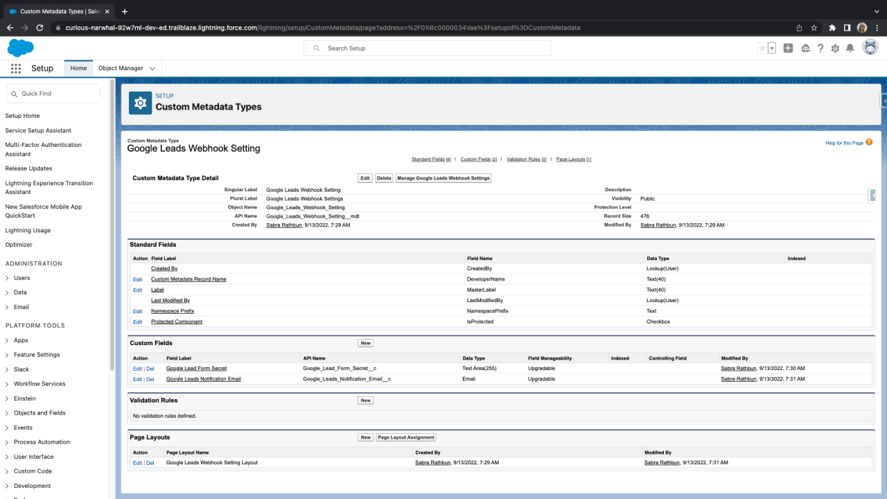 salesforce webhook custom metadata type.