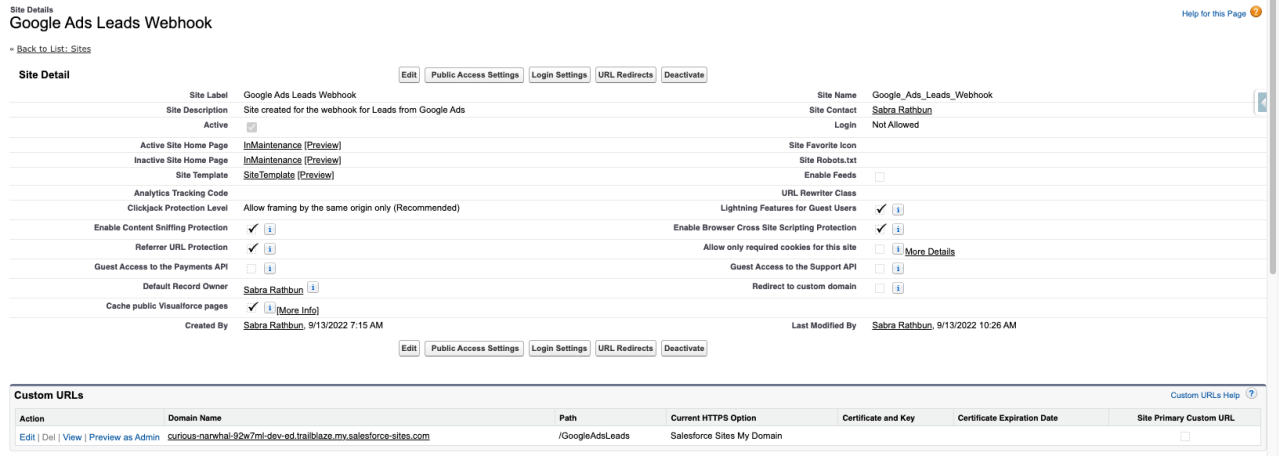 salesforce webhook site details.