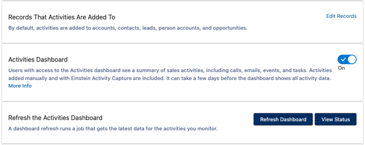 salesforce einstein activity capture activities analytics dashboard setup.