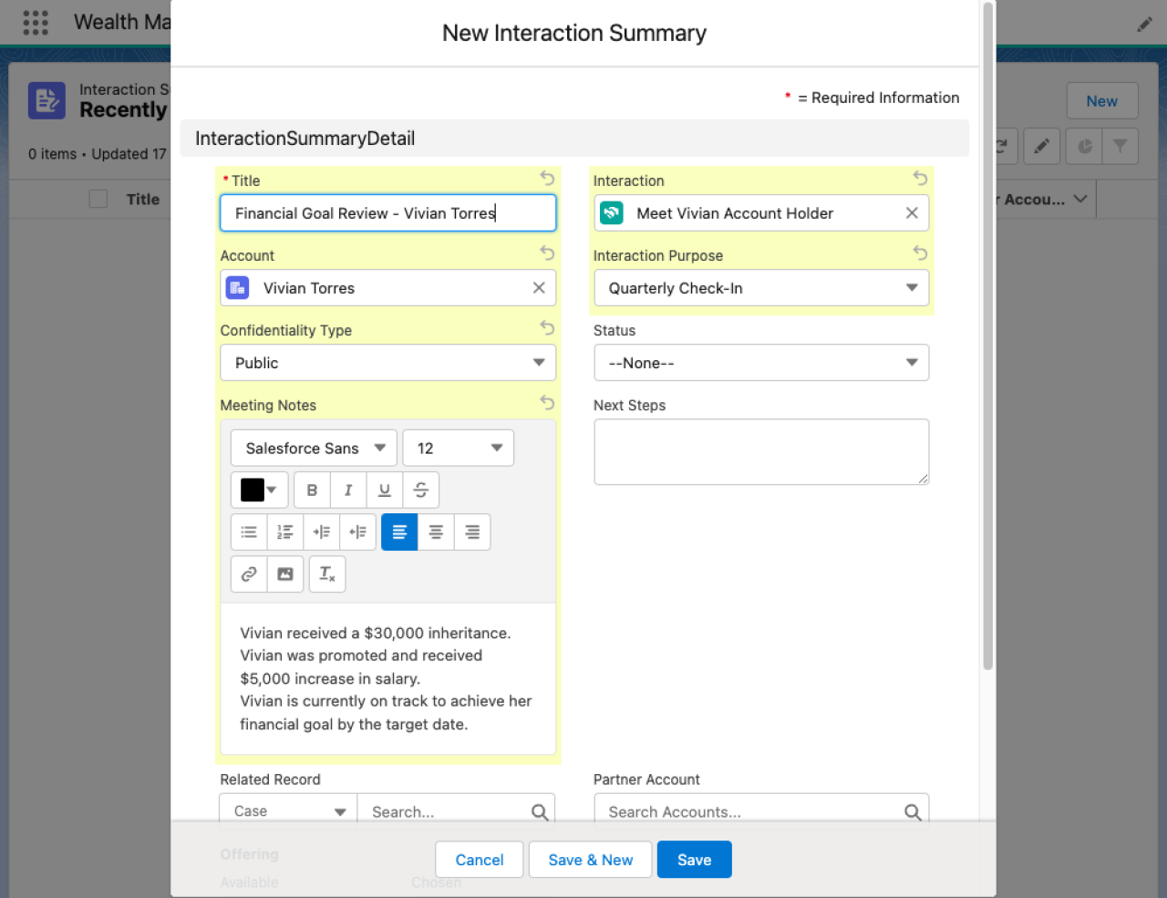 salesforce financial services cloud creating interaction summary.