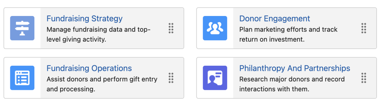 Salesforce Nonprofit Cloud Fundraising Apps.