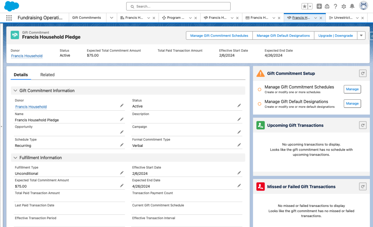 salesforce nonprofit cloud fundraising operations gift commitment.