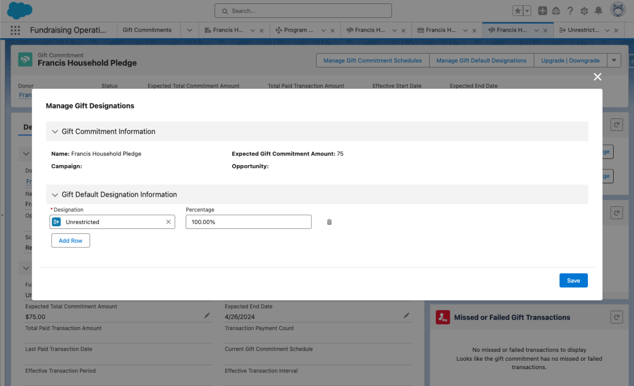 salesforce nonprofit cloud fundraising operations gift designations.