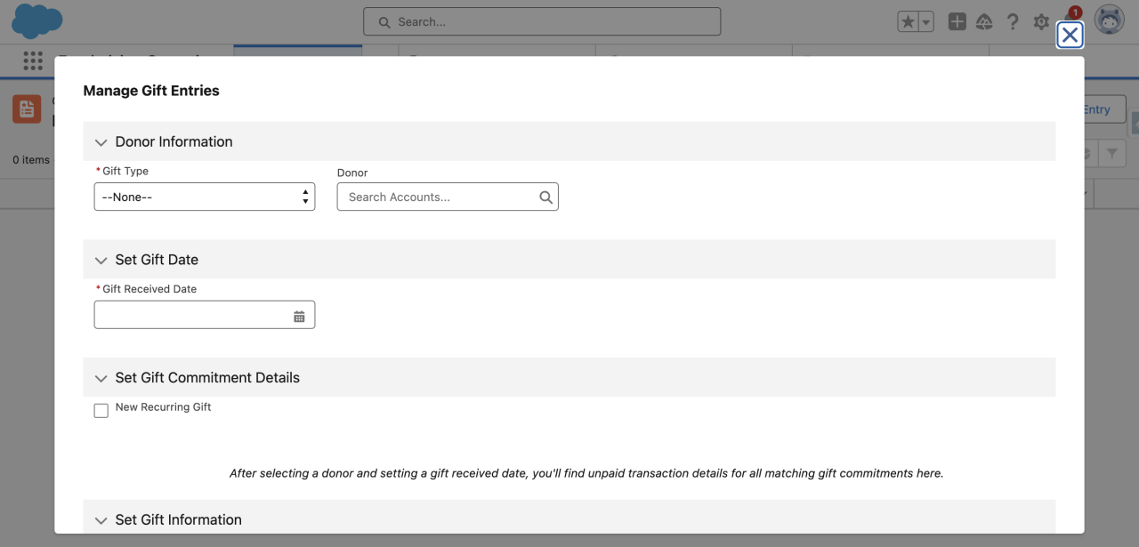 salesforce nonprofit cloud gift entry.