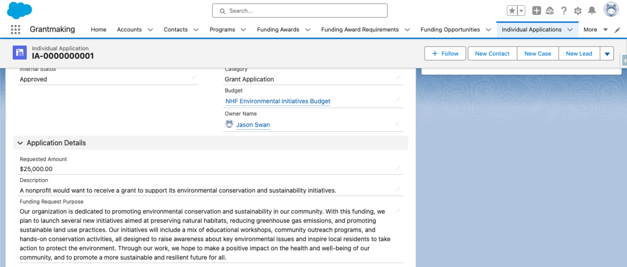 salesforce nonprofit cloud grantmaking individual application.