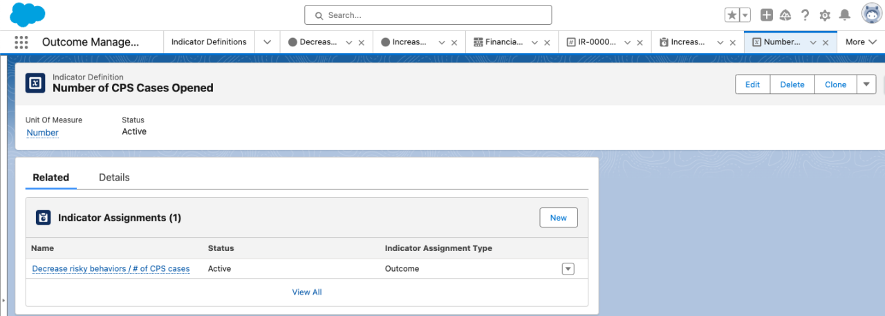 salesforce nonprofit cloud outcome management indicator definition.