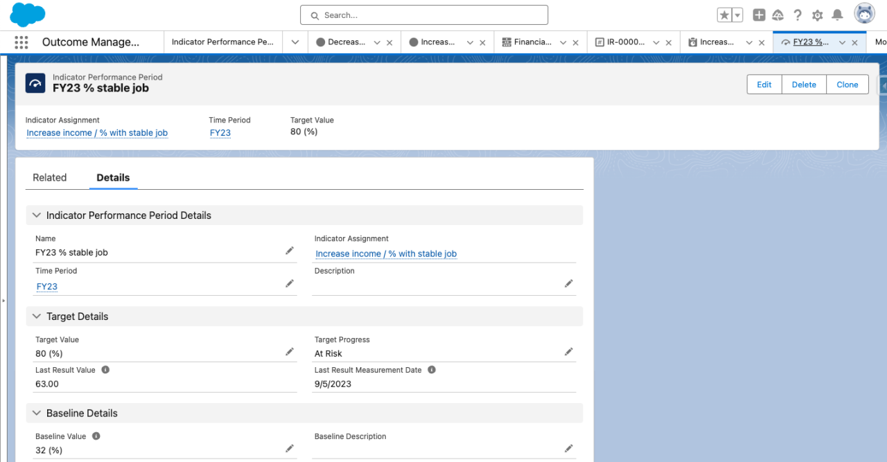 salesforce nonprofit cloud outcome management indicator performance period.