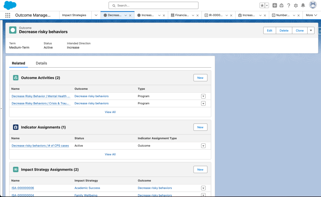 salesforce nonprofit cloud outcome management related.