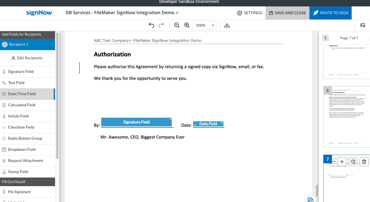 filemaker signnow integration save and close after finishing.