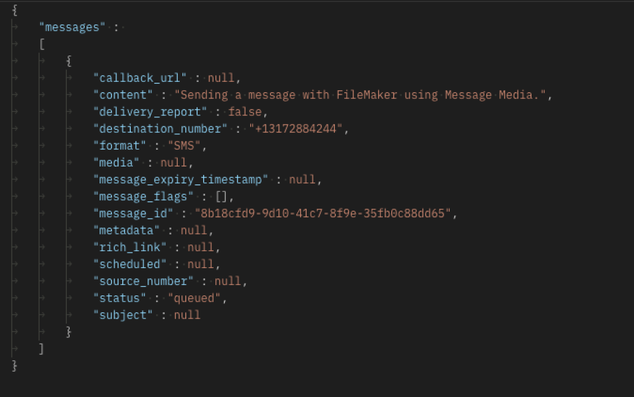 filemaker message media integration send text message response.
