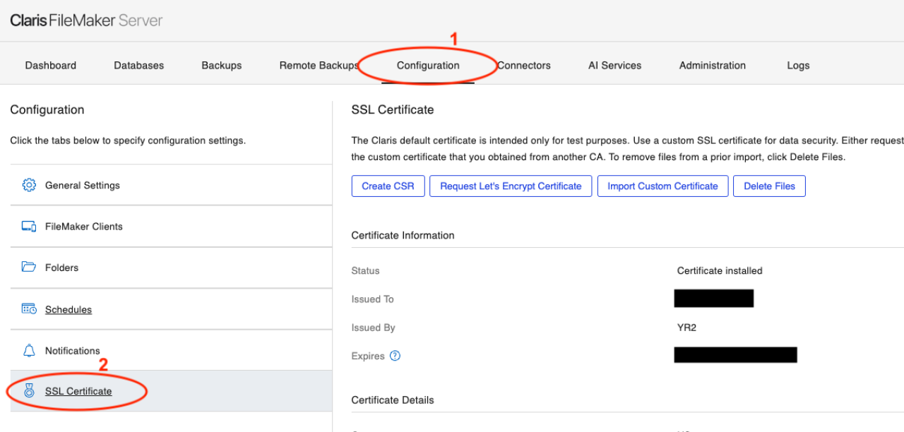 Setting Up Let's Encrypt SSL in FileMaker Server Admin Console SSL Location.