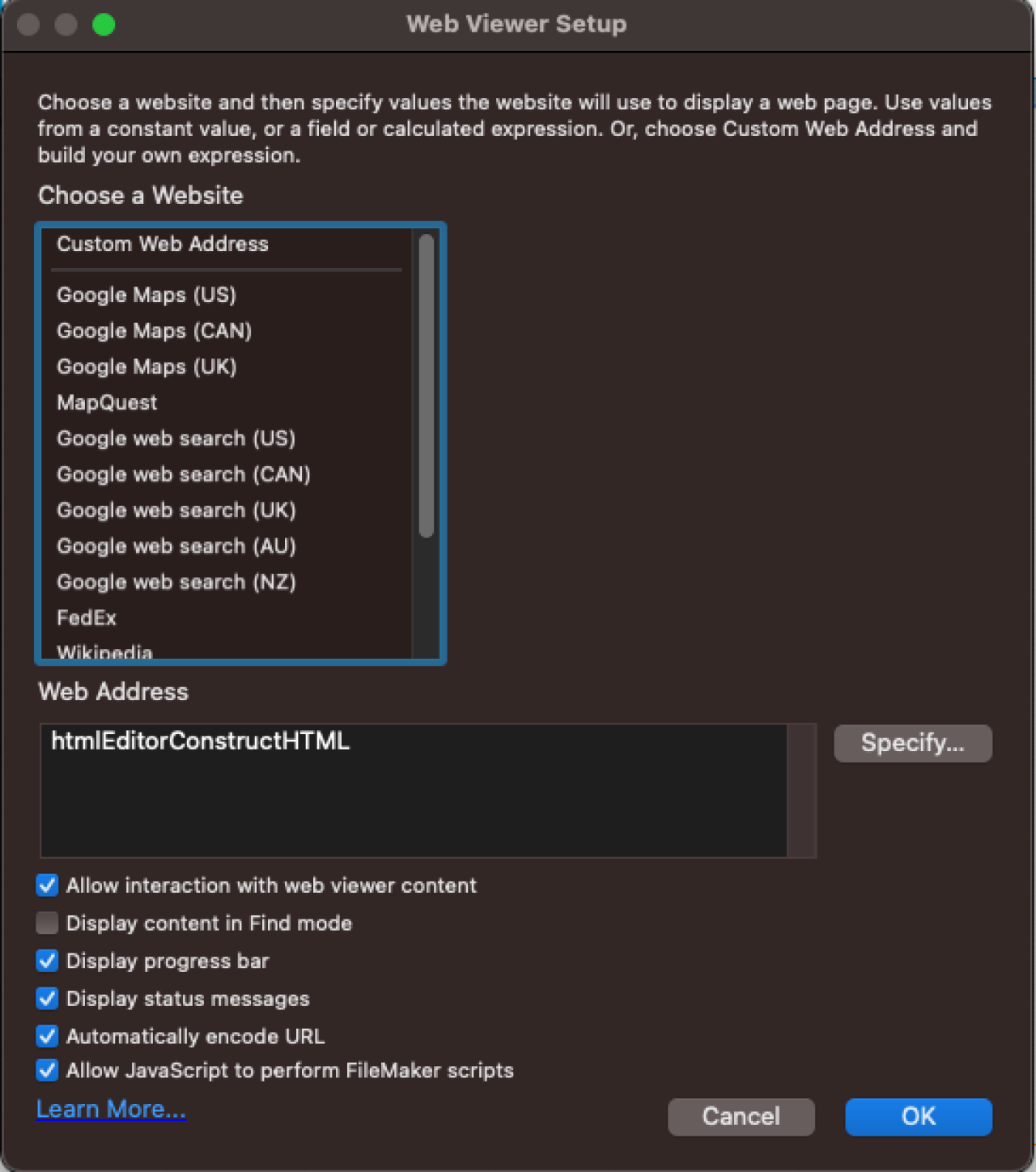 claris filemaker collapsible lists web viewer settings.