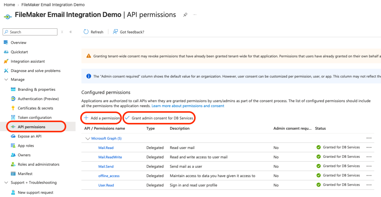 Claris FileMaker Microsoft Graph Email Integration Azure API Permissions.