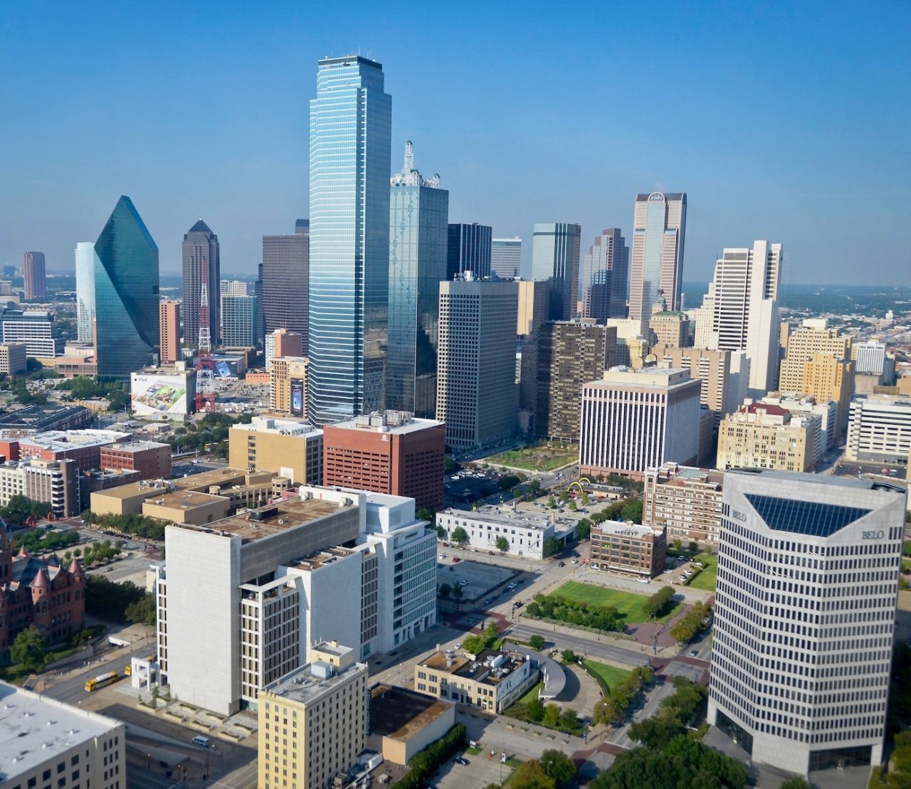 City skyline of Dallas, Texas on a clear, sunny day.