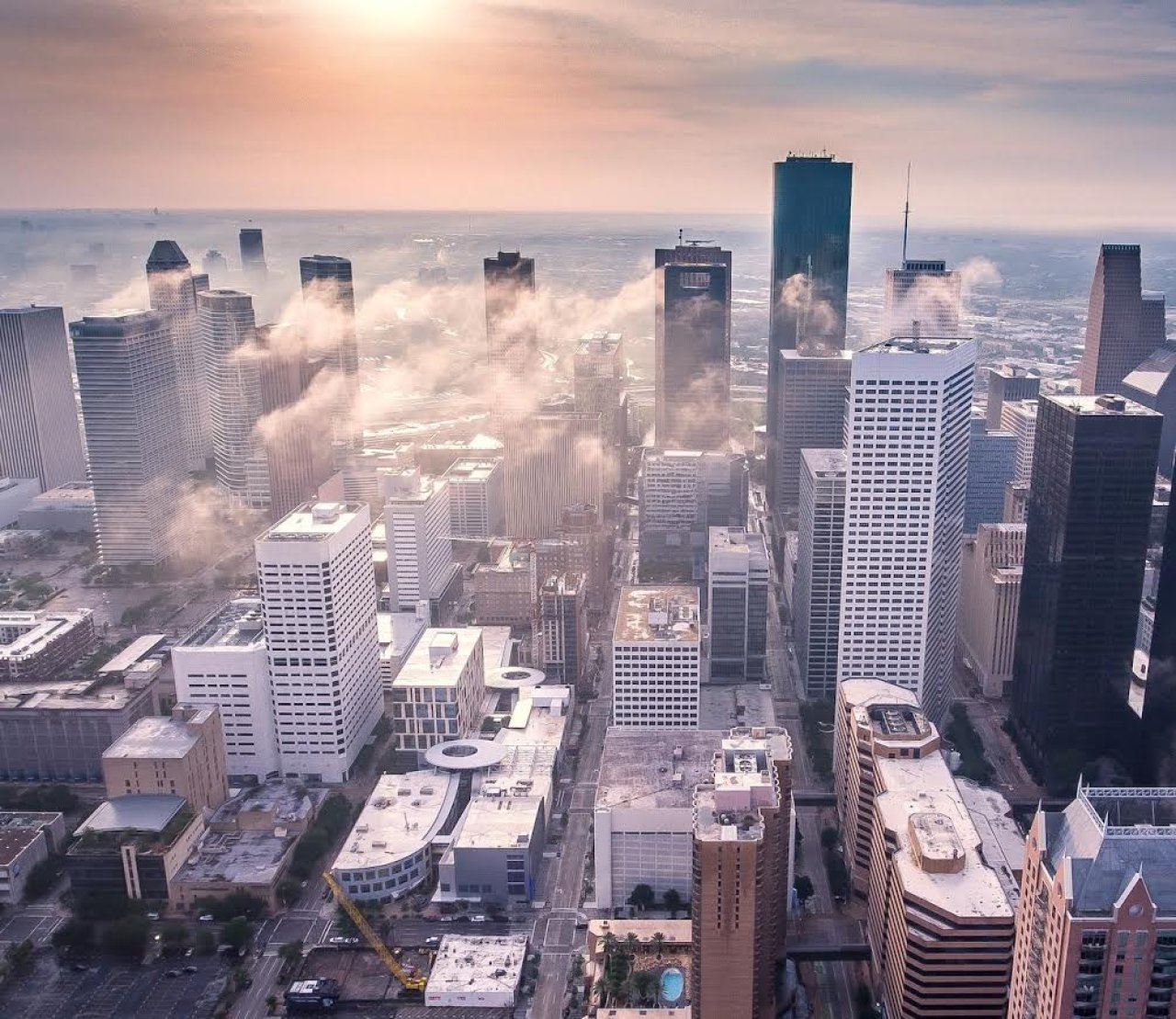 Skyline of the city in Houston, Texas at sunset.