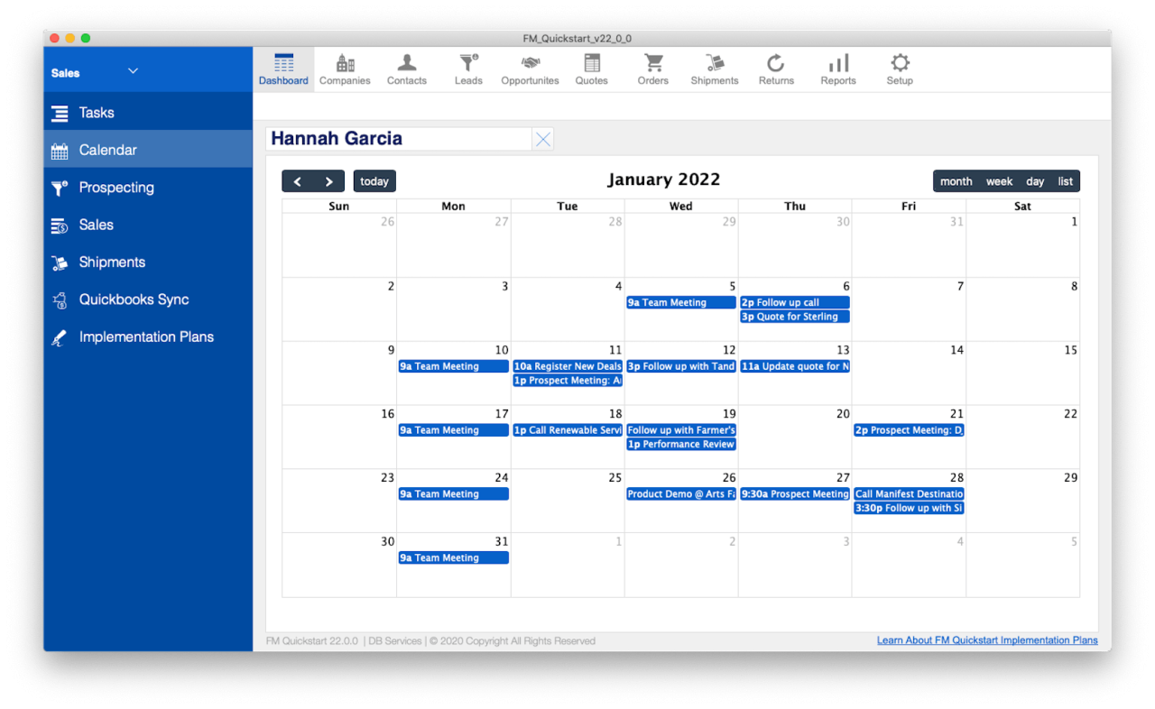 FM Quickstart calendar screenshot.