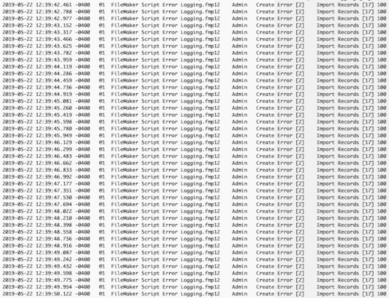filemaker script error log.