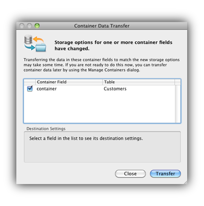 Container Data Transfer Storage - FileMaker 12