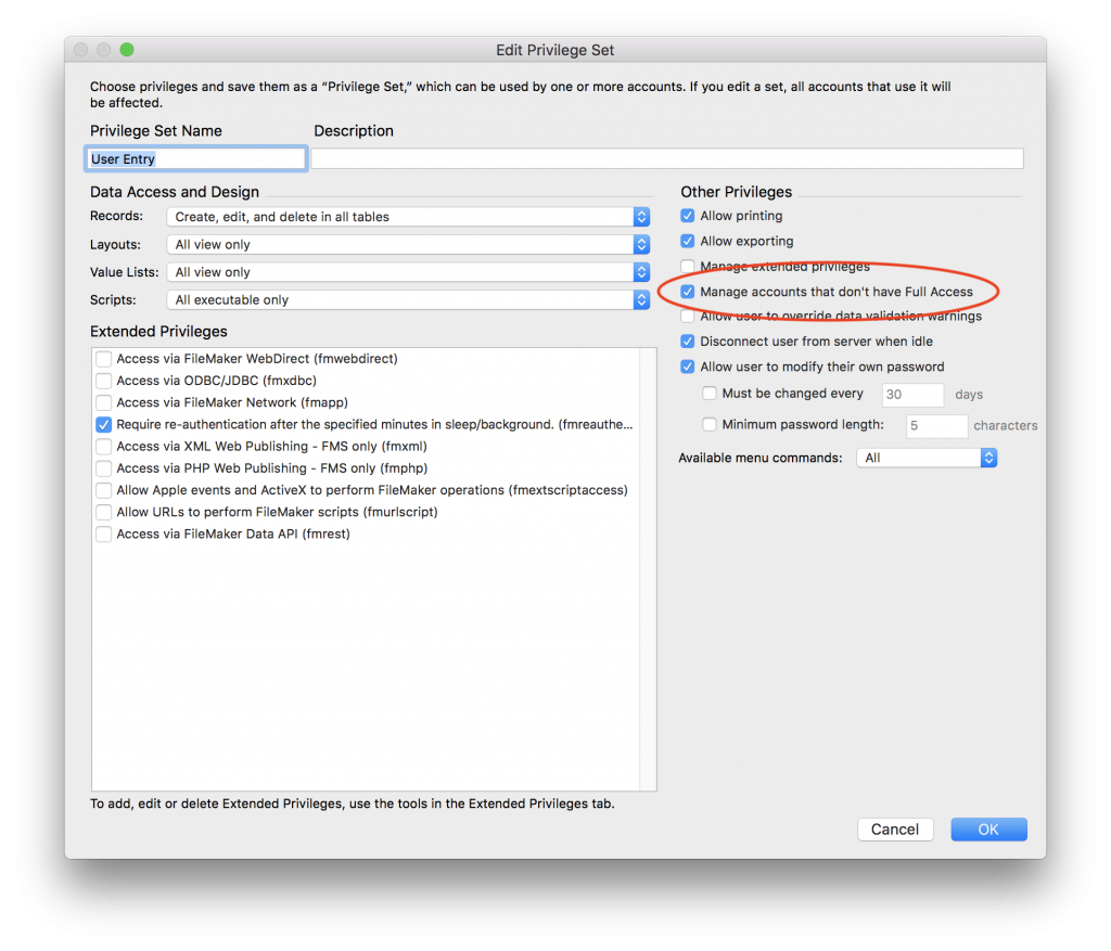 FileMaker Manage User Privilege