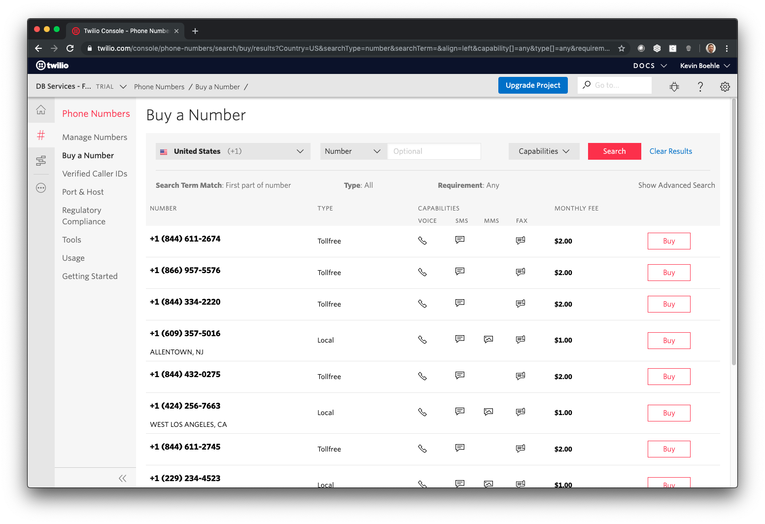 FileMaker Twilio Buy A Number Screen